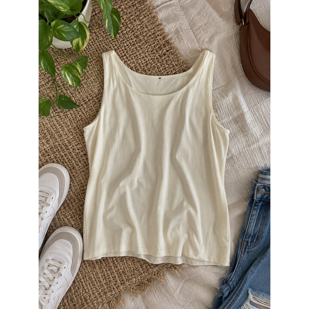 Eileen Fisher Cream 100% Silk Scoop Neck Tank Top Shell Sleeveless
